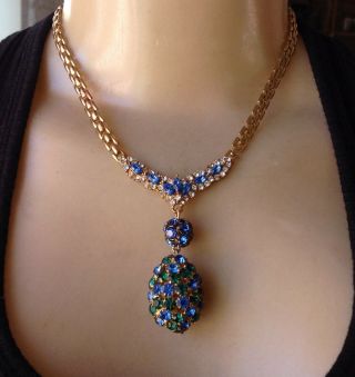Vintage Necklace Royal Blue & Green Rhinestone Festoon W/ Teardrop Pendant