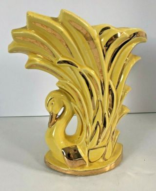 Vintage Mccoy Pottery Gloss Yellow W/gold Applied Detail Swan Vase 9 1/4 "