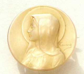 HOLY VIRGIN MARY - GORGEOUS ANTIQUE 18K GOLD FILLED MEDAL BROOCH signed TAIRAC 2