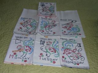 Vintage 7 Days Week Complete Embroidered Tea Towels Chicken Chores Vguc 17 " X26 "