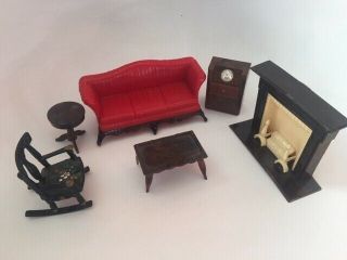 Vintage Renwal Doll House Furniture: Lvg Rm 3 Sofa,  Radio,  Rocker,  2 Tables,  Fp
