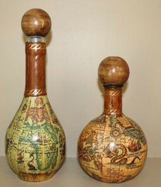 2 Vintage Decanters Leather Wrapped Old World Map Genie In A Bottle Italy