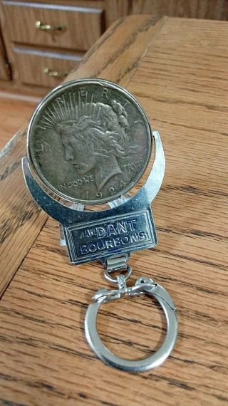 Vintage 1924 Silver Peace Dollar Key Chain In Bezel.  Dant Distillery Co.
