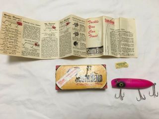 Vtg South Bend Bass Oreno Pink Wooden Fishing Lure Orig Box & Papers G973 Nr