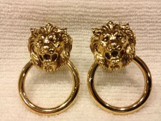 Vintage Anne Klein Couture Lion Head Ring Door Knocker Clip Earrings Gold Tone