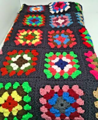 Vintage Granny Square Crocheted Afghan 26” By 58” Black W/ Multicolored Squares