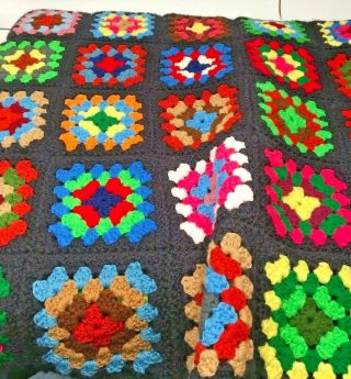 Vintage Granny Square Crocheted Afghan 26” by 58” Black w/ Multicolored Squares 2