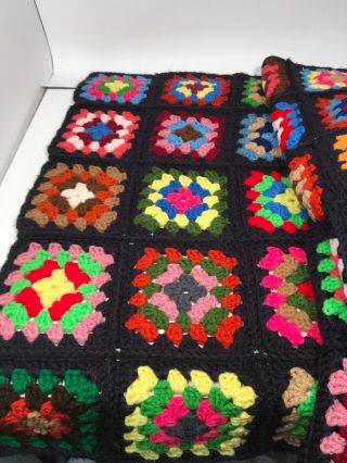 Vintage Granny Square Crocheted Afghan 26” by 58” Black w/ Multicolored Squares 3