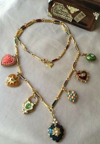 Vintage Joan Rivers Multi Color Enamel Gold Plated Heart Flower Charm Necklace