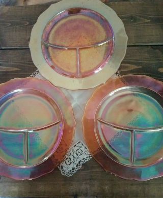 Vintage Carnival Glass Iridescent Marigold Set Of 3 Divided Dinner Plates 11 In