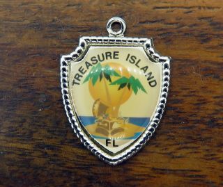 Vintage Silver Florida Treasure Island Pirate Chest Travel Shield Charm Rare E7