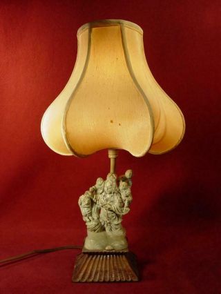 Vintage Antique Oriental Asian Figure Table Lamp With Fancy Cloth Shade
