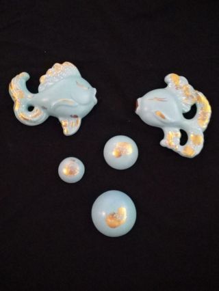 Vintage Mid Century Blue Pottery Fish & Bubbles For Bathroom Wall Xlnt