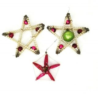 3 Antique Vintage Mercury Glass Star Beaded Wired Christmas Tree Ornaments