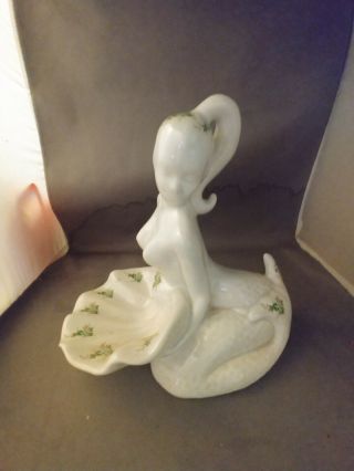 Vintage Ceramic Nude Mermaid Soap Or Candy Dish Green Flowers