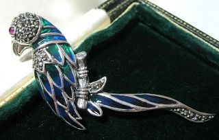 Assay Hallmarked Sterling Silver Vintage Style Plique A Jour Parrot Pin Brooch