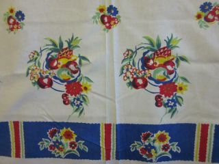 Fab Vtg 50s Cotton RED CHERRY FRUIT FLOWER PRINT TABLECLOTH Stripe Jadite Border 2