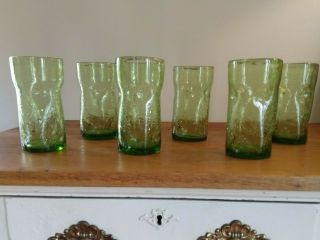Set Of 6 Vintage Mid - Century Art Glass Green Pinched Crackle Tumblers 5 3/4 "