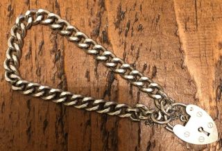 Vintage Sterling Silver Chunky Rounded Curb Bracelet 7” & Heart Padlock Fastener