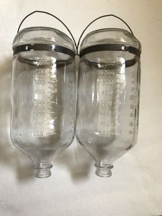 Set Of 2 Vintage Glass Ww2 Medic Dr 1000 Iv Blood Plasma Bottle Hanging Wire