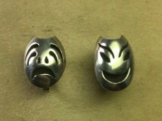 Vintage Signed Sterling Silver Comedy Tragedy Masks Screw Back Earrings E130