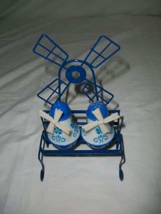 Vintage Blue Plastic Windmill Salt And Pepper Shakers & Windmill Caddy Stand