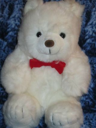 Vintage 1990 Plush White Toy Teddy Bear From The World Of Smile 13 " Red Bow Htf
