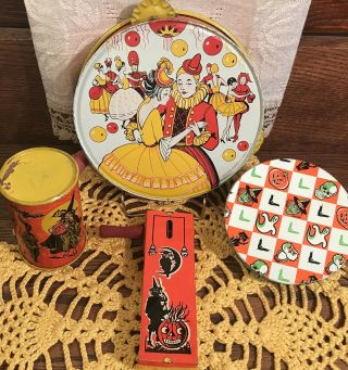 4 Vintage Halloween Tin Litho Party Toy Noisemakers: Tambourine Shaker Ratchets