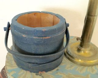 Small Vintage 4 " Gray - Green Painted Sugar Bucket,  Wood Bands And Handle