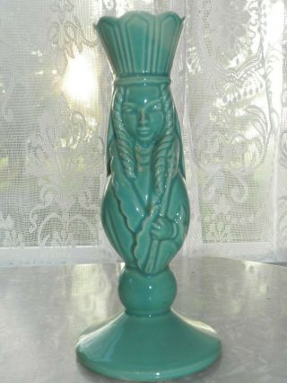 Vtg Mcm Signed Turquoise Teal Face Vase 9 " Tall Hull Coronet Usa Pottery Queen