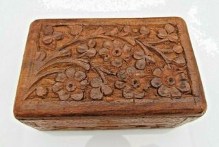 Vintage Hand Carved Wooden Box Made In India Rectangle Hinged Lid Trinket Box.