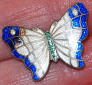 Antique Victorian Small Sterling Silver Guilloche Enamel Butterfly Pin Brooch