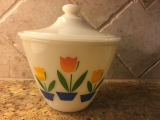 Fire King Tulip Pattern Grease Jar Bowl Lid Vintage Anchor Hocking Ivory White