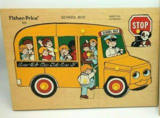 Vintage Fisher Price Wooden Puzzle School Bus 515 Pick Up & Peek
