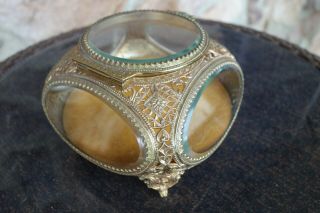 Vintage Antique Mele Jewelry Box Ornate Beveled Glass Side Brass Oval Display