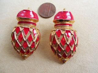Vintage Nos Pr High End Quality Italian Inspired Red Gt Enamel Pcd Earrings D3