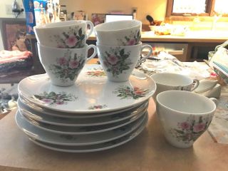 Vtg Set Of 6 Porcelain Tea/coffee Cups & Snack Trays/plates 4035 Moss Roses