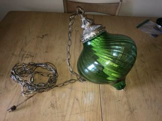 Vintage Green Glass Globe Hanging Chain Swag Lamp Light Mid Century Modern Exc