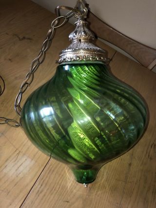 Vintage Green Glass Globe Hanging Chain Swag Lamp Light Mid Century Modern Exc 2