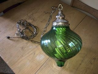 Vintage Green Glass Globe Hanging Chain Swag Lamp Light Mid Century Modern Exc 4