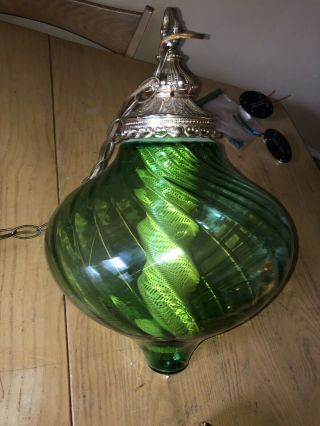 Vintage Green Glass Globe Hanging Chain Swag Lamp Light Mid Century Modern Exc 5