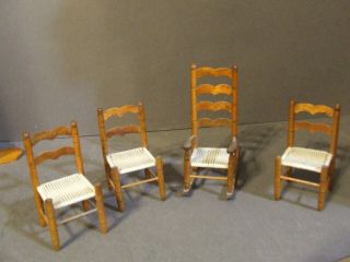 Vintage Miniature Dollhouse 4 Woven Seat Wood High Back Chairs Rocking Dining