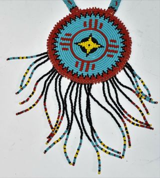 Vintage Native American Indian Plains Plateau Beaded Medallion 3.  25 " Deer Leather