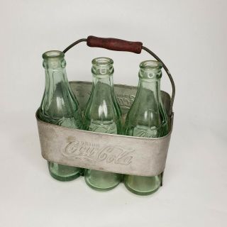 Vintage Aluminum Coca Cola Coke 6 Pack Bottle Carrier With 3 Bottles