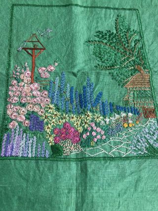 Vintage Hand Embroidered Linen Cushion Cover.  Cottage Garden.  Lupins.  Dovecote.