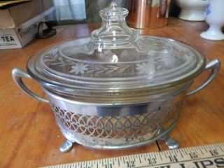 Vintage Pyrex Bowl W/decorative Lid,  And Metal Holder Htf