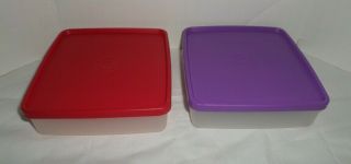 2 Vintage Tupperware Square - A - Way Sandwich Keeper Purple & Red Lid 670
