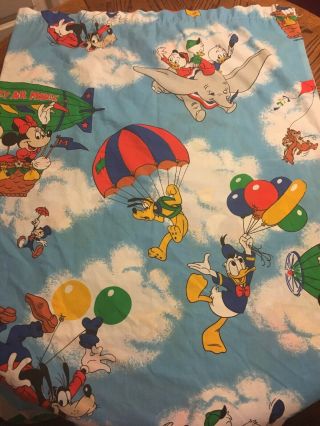 Vintage Disney Theme Twin Flat Sheet Fabric Mickey Dumbo Donald Goofy Flying Sky