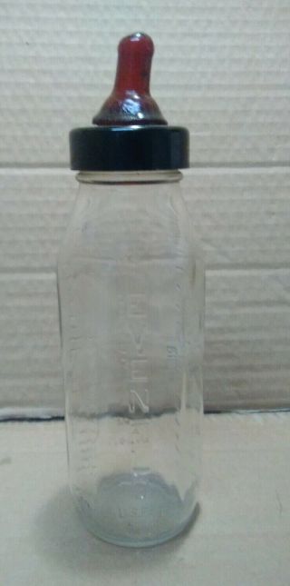 Vintage 8oz Evenflo Glass Pyramid Baby Bottle With Black Lid & Nipple