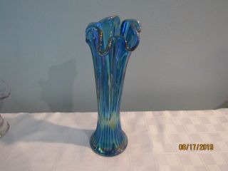 Vintage Fenton Cobalt Carnival Glass Fine Rib Swung Vase Signed